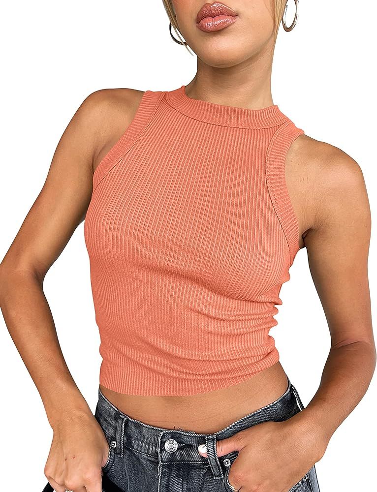 HOCILLE Women's Sexy Racerback Crop Tank Tops Basic Ribbed High Neck Sleeveless Cropped Top | Amazon (US)