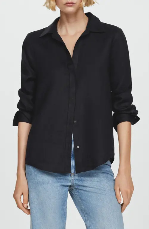 MANGO Button-Up Linen Shirt in Black at Nordstrom, Size 4 | Nordstrom