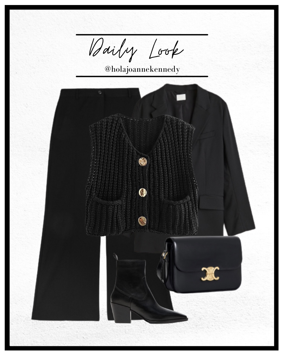 all black outfits, black knit vest, chunky knit vest, gold button vest, black blazer outfit ideas, outfit inspo, daily outfit ideas, daily outfit posts, daily ootd, workwear ideas, daily outfit ideas, daily fashion posts, fashion over 30, over thirties fashion ideas, easy outfit ideas, ankle boots, tailored black trousers, workwear fashion 

#LTKeurope #LTKworkwear #LTKuk