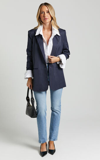 Iyah Blazer - Oversized Single Breasted Blazer in Navy Pinstripe | Showpo (US, UK & Europe)
