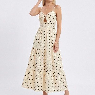 Anna-Kaci Women's Polka Dot Maxi Dress with Tie Front Cutout and Tiered Skirt - Medium, Light Beige | Target