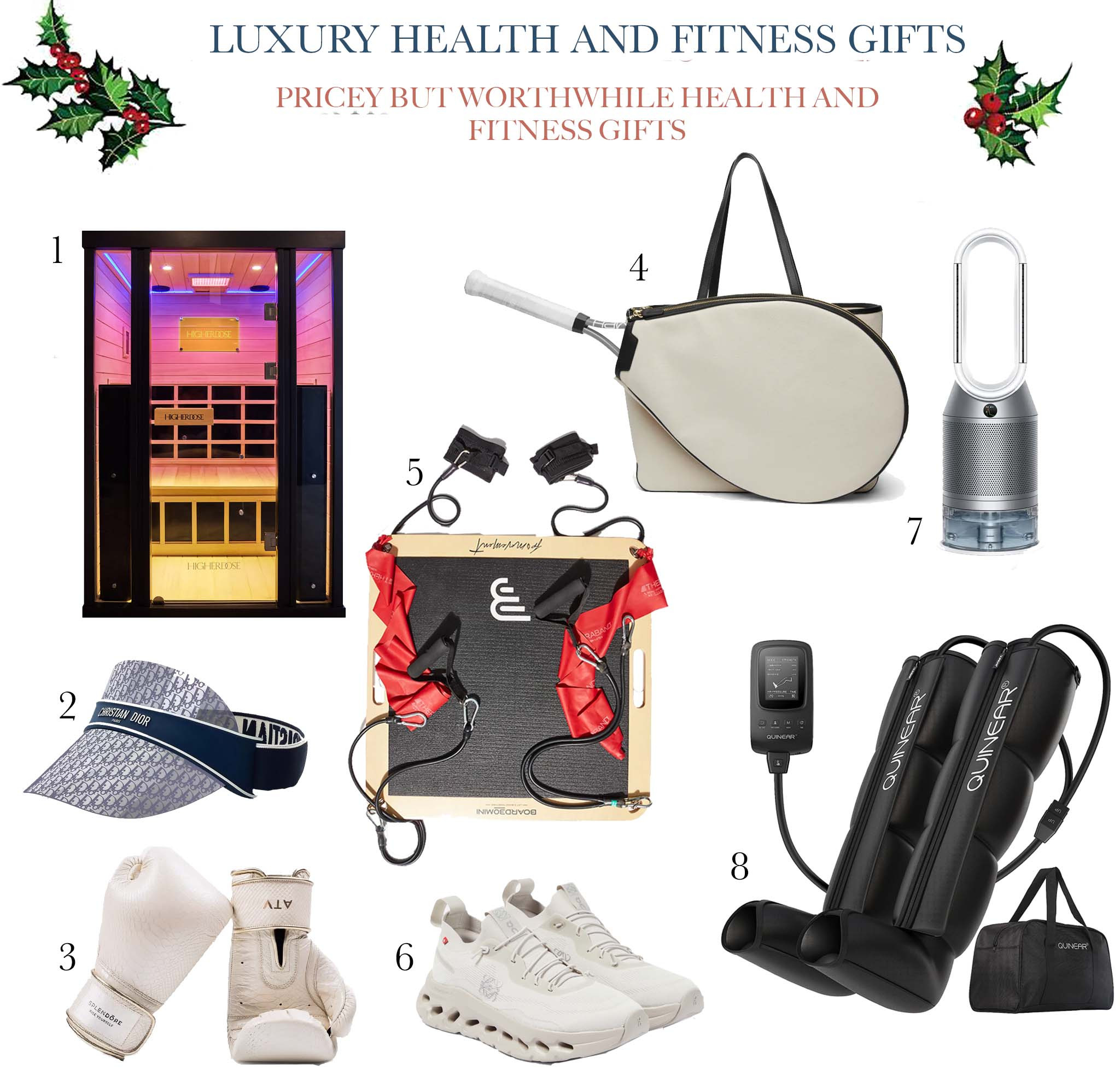 1. Sauna
2. DiorClub V1U DiorOblique Visor
3. Bombshell Boxing Gloves
4. Convertible Tennis Tote
5. Board30 x FP Movement Mini Board
6. LOEWE x On Women's Cloudtilt Anagram Logo Sneakers
7. Dyson Purifier Humidify+Cool™ PH03
8. QUINEAR Professional Sequential Air Compression Therapy System for Improved Circulation and Massage - Foot and Leg Recovery Boots for Athletes


#giftsforhim #giftguide #giftideas #giftsforsister #giftsforher #giftsformom #activegifts #wellnessgifts #fitnessgifts #fitness #running #tennis #tennisgifts #tennisaccesories #runningaccesories #healthandwellness #recovery #athlete #giftsfortheathlete 

 #LTKGiftGuide #LTKHoliday #LTKFitness