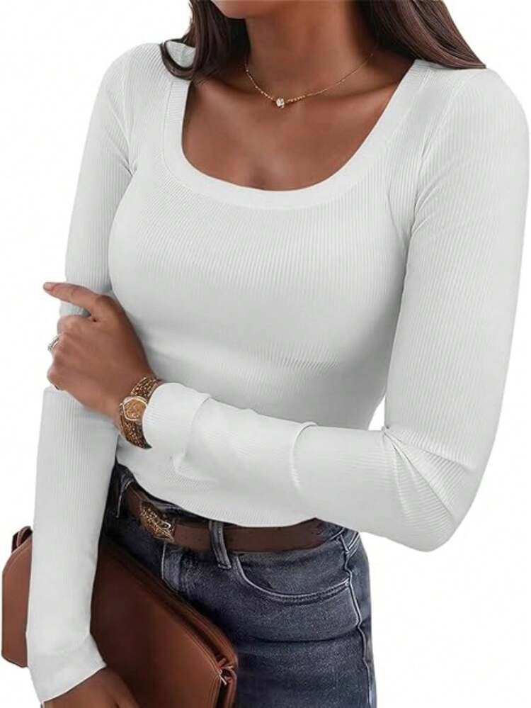 OUTBALL Casual Women's Long Sleeve Shirts Knit Fitted Stretch Scoopneck Basic Solid Tunic Tops | SHEIN