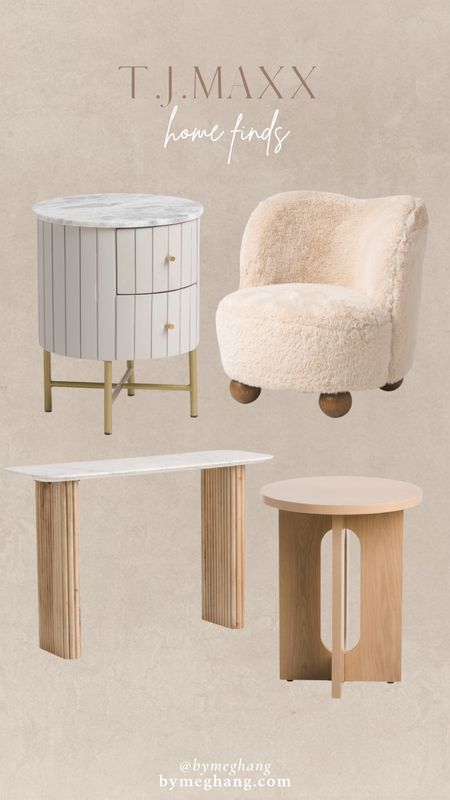 I’m freaking out over these T.J.Maxx furntiure finds right now! Those round end tables with marble tops are so cute! The fluted console table with the marble too is so good, too! The Sherpa chairs with the ball feet are on trend! Such good finds! 

#LTKhome #LTKFind