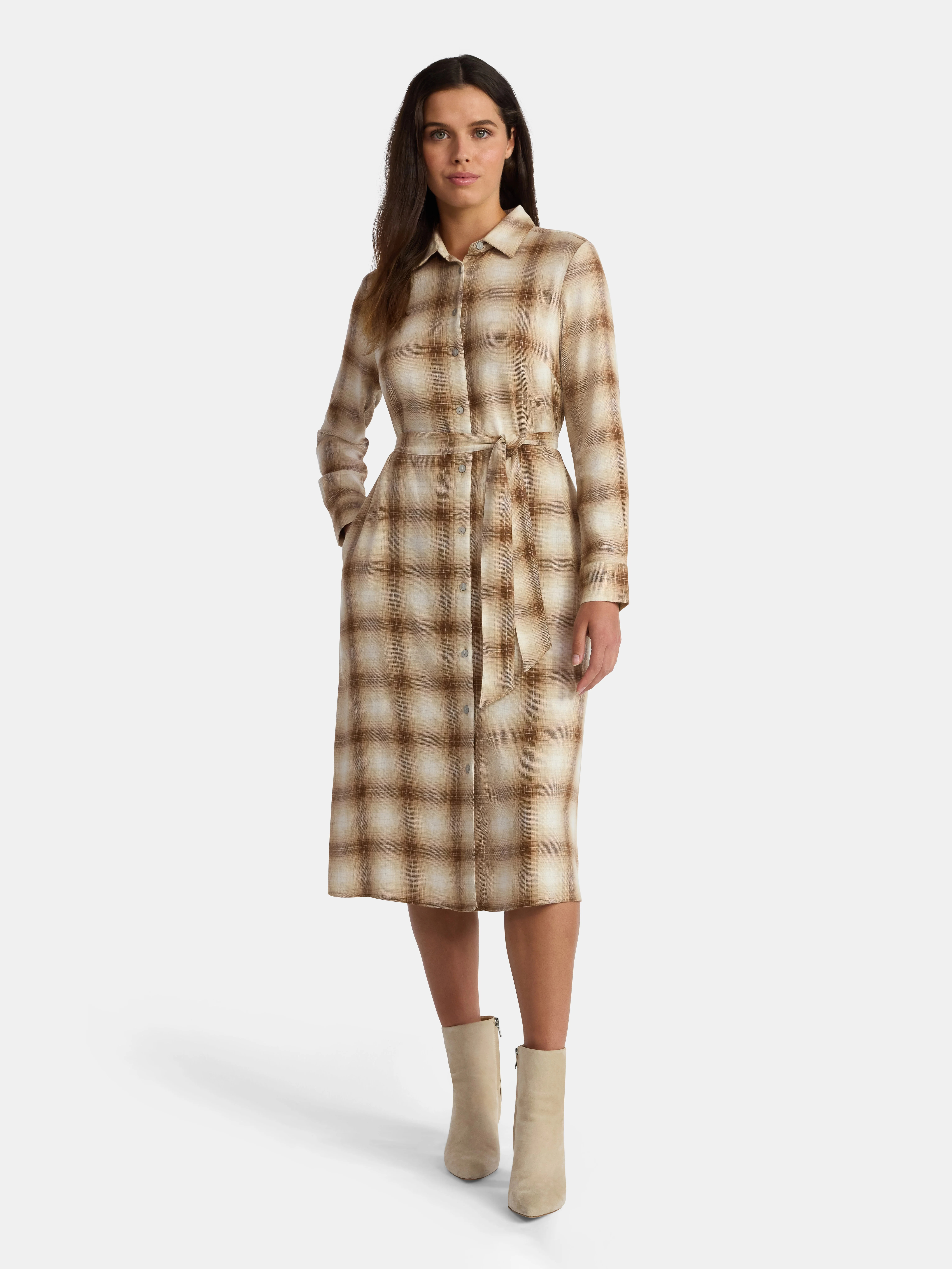 Time and Tru Women's Plaid Shirt Dress with Long Sleeves, Sizes XS-XXXL | Walmart (US)