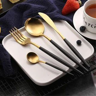 Black Gold Cutlery Set 24Pcs Knife Fork Spoon Stainless Steel Kitchen Tableware-Machine Washable ... | Bed Bath & Beyond