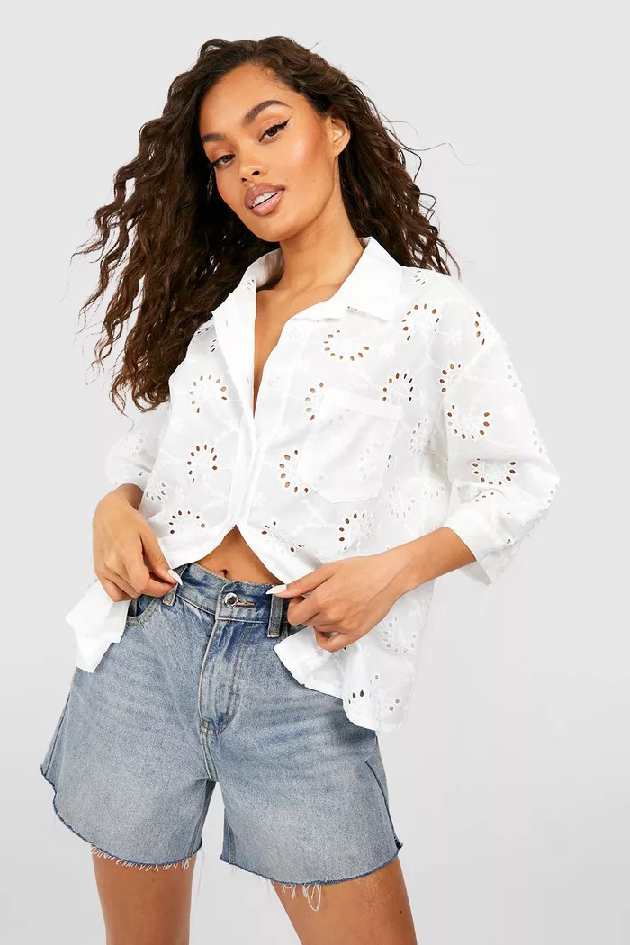 Broderie Knot Hem Short Sleeve Shirt | Boohoo.com (UK & IE)