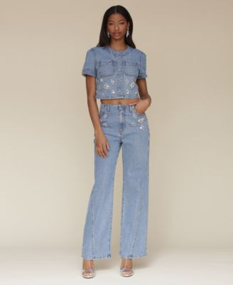 Avec Les Filles Womens Rhinestone Trim Short Sleeve Denim Top Rhinestone Trim Hollywood Waist Wide Leg Jeans | Macy's
