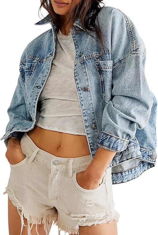 Oversized Denim Jacket Women Free People Dupes Long Sleeve Loose Y2K Jean Jackets For Women Fashi... | Amazon (US)