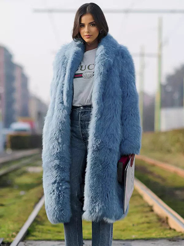 Faux Fur Coat With Notched Lapel Solid Color Eco-friendly Winter Long Jacket For Women 2025 | Milanoo