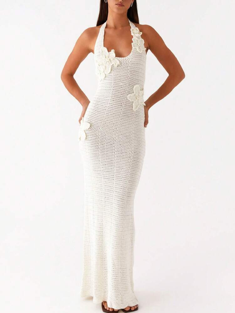 Women Knit Halter Maxi Dress 3D Flower Bodycon Long Dress Spaghetti Strap Tie Backless Cocktail Sundress | SHEIN