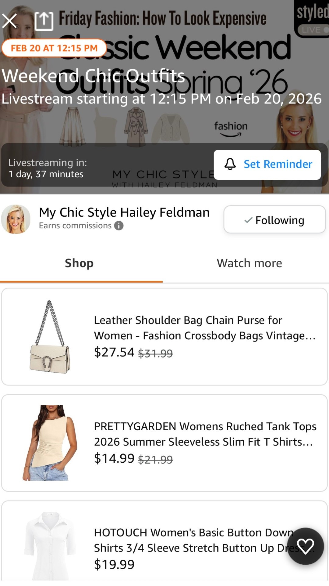 "How to Look Expensive This Weekend: Spring 2026 Style & Amazon Fashion Finds"
📅 Friday, February 20, 2026 | ⏰ 12:00 PM EST
👉 Join the Live Shopping Event on Amazon: https://www.amazon.com/live/broadcast/009db677-1e2c-491b-8577-326a16551be1?linkCode=ilv&ref_=social&tag=haileyfeldman-20

✨ Show Overview: Learn how to style the season's fashion trends, including the "Cloud Dancer" off-white palette & modern bourgeois look. There's an outfit for every weekend activity: brunch-ready outfits, date night looks, & polished weekend staples you can easily mix & match now through spring 2026. Over 30 women's fashion pieces available to buy now on Amazon Fashion.

✨ Show Notes: Curated selection of women's clothing styled into easy to wear outfits, for online shoppers who want to look expensive this weekend. 
• How to get the Dolce&Gabbana Designer look on Amazon Fashion with lace tops & jeans
• The Best Amazon fashion pieces for spring 2026 & how to wear them
• How to build a Spring 2026 capsule wardrobe: How to select 5-10 core pieces that create over 10 outfits.
• Secrets to making affordable Amazon fashion look like luxury
• Effortless Chic Styling Tips to get trending looks such as "Modern Minimalist Fashion, Parisian Chic, Brunch to Dinner Effortless Chic, Cloud Dancer Color of The Year Cream White Classic Chic," & more! I'll tell you what's trending now & style you using my polished weekend GRWM formula
• Smart Shopping on Amazon: Tips for finding 2026 wearable trends with fast Prime shipping

LTK grwm live on My Chic Style Live LTK ootd LTK seasonal looks winter to spring preview. Shop now on LTK ! 

#LTKgrwm #LTKSeasonal #LTKootd