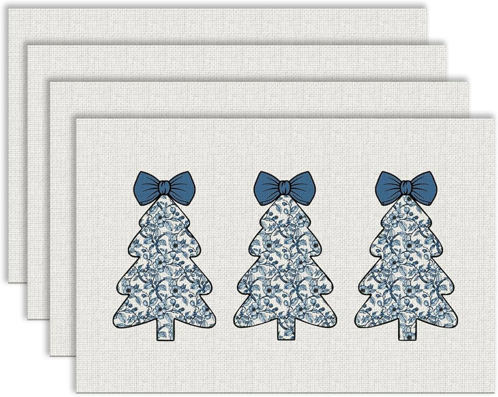 Blue and White Chinoiserie Christmas Tree Placemats, Blue Bow Christmas Tree Xmas Grandmillennial... | Amazon (US)