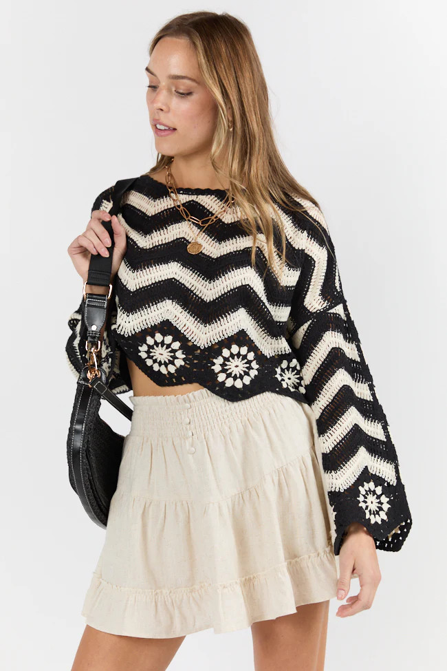 Saltwater Nights Black and Ivory Crochet Sweater | Pink Lily
