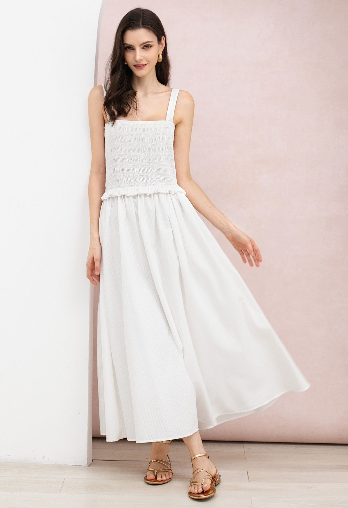 Ruffle Trim Shirred Cami Cotton Maxi Dress for Casual Outings & Vacation Strolls | Chicwish