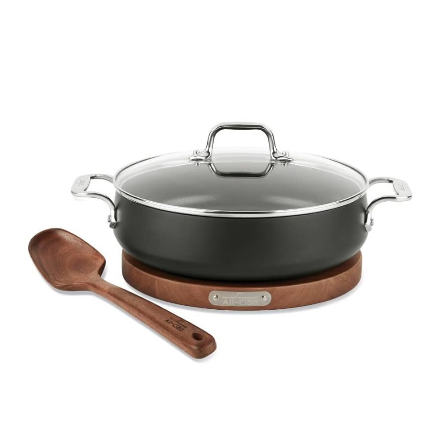 All-Clad HA1 Hard Anodized Nonstick Sauteuse Pan with Acacia Trivet and Spoon 4 Piece, 4 Quart In... | Amazon (US)
