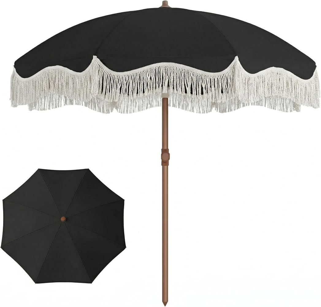 7ft Patio Umbrella with Fringe, Boho Beach Umbrellas, Outdoor Tassels Umbrellas with Push Button Tilt & Carrying Bag, 8 Windproof Fiberglass Ribs, UPF50+ | Amazon (US)