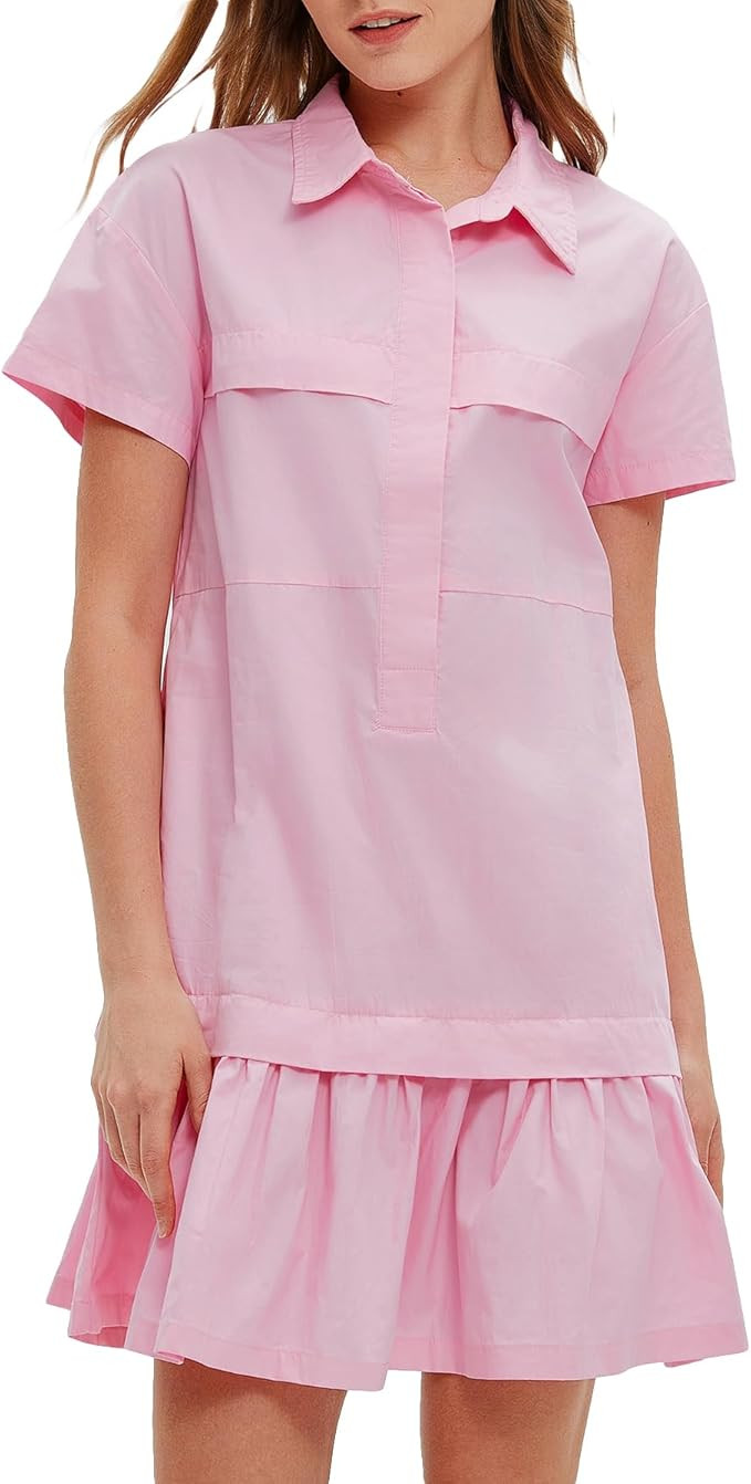 Women's Cotton Drop Waist Ruffle Hem Shirt Dress Short Sleeve Button Down Tunic Dress with Pocket... | Amazon (US)