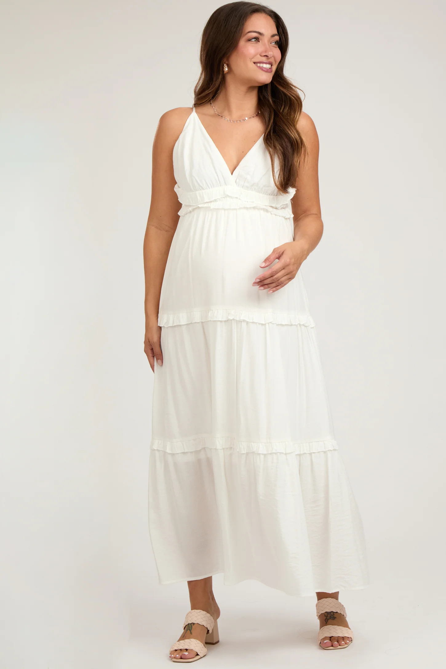 Cream Striped Ruffle Tiered Maternity Maxi Dress | PinkBlush Maternity