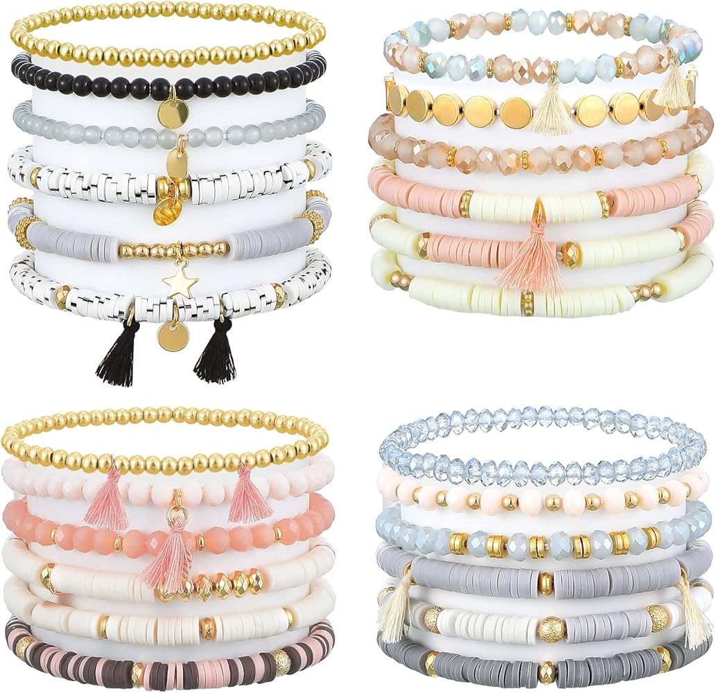Jadive 24 Pieces Bracelets 4 Set Bead Bracelets Bulk Stackable Bracelets for Women Stretch Heishi... | Amazon (US)