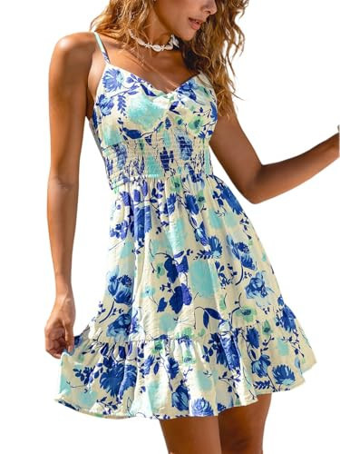 CUPSHE Womens Summer Dress Sweetheart Neck Spaghetti Strap Floral Smocked Waist Ruffled A Line Resort Mini Beach Sundress Blue Floral, L | Amazon (US)