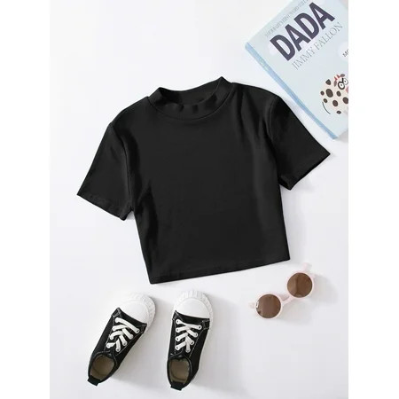 Black Women s Girls Mock Neck Solid Crop Tee Casual 11-12Y F043D | Walmart (US)
