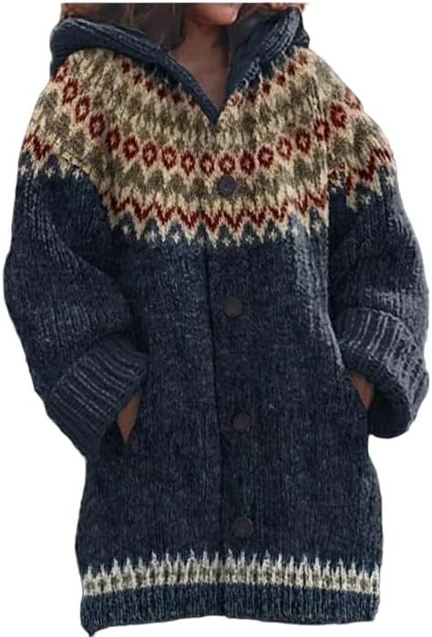 Women's Oversized Hooded Knitted Cardigan Button Long Sleeve Animal Artistic Prints Cozy Soft Fal... | Amazon (US)