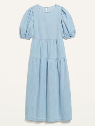 Tiered Chambray Puff-Sleeve All-Day Midi Swing Dress for Women | Old Navy (US)