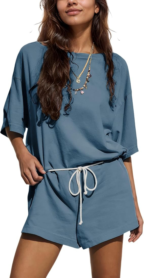 Yeokou Women's Casual Cotton Romper Short Sleeve Round Neck Tie Waist Summer Vacation Jumpsuit | Amazon (US)