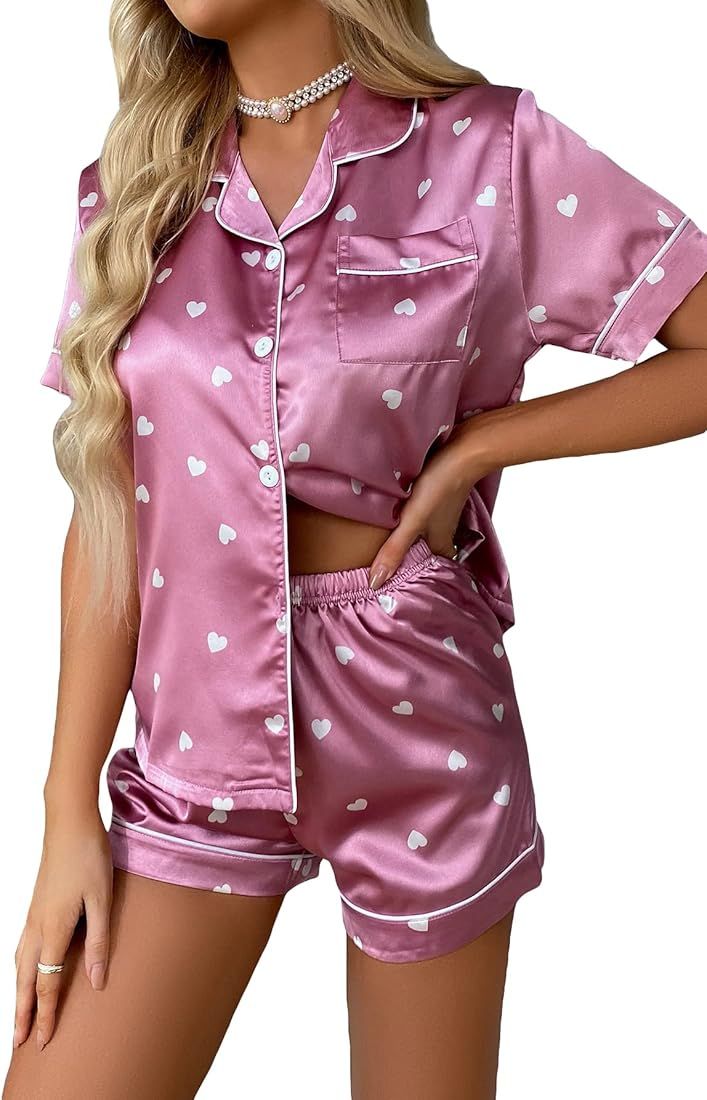 WDIRARA Women's Sleepwear Satin Short Sleeve Button Shirt and Shorts Pajama Set | Amazon (US)