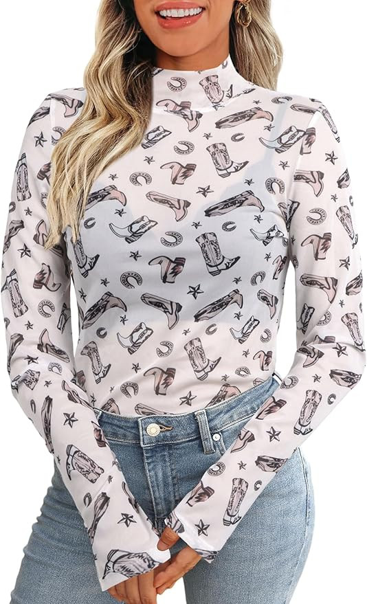 Western Mesh Top Women See Through Cowboy Shirt Mock Neck Country Concert Outfits Layering Sheer ... | Amazon (US)