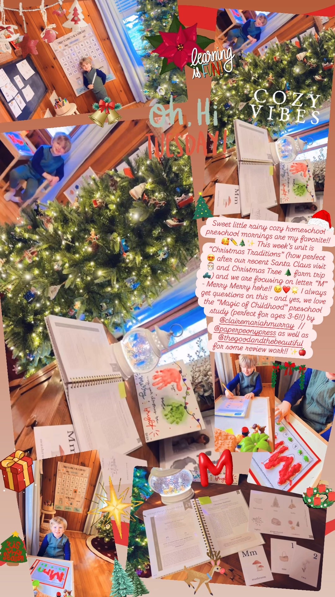 Sweet little rainy cozy homeschool preschool mornings are my favorite!! 🥰✏️🎄✨ This week’s unit is “Christmas Traditions” (how perfect 😍 after our recent Santa Claus visit 🎅🏻 and Christmas Tree 🌲 farm trip 🛻) and we are focusing on letter “M” - Merry Merry hehe!! 😉❤️🌟 I always get questions on this - and yes, we love the “Magic of Childhood” preschool study (perfect for ages 3-6!!) by @clairemariahmurray / @paperpeonypress as well as @thegoodandthebeautiful 
for some review work!! ✨🍎