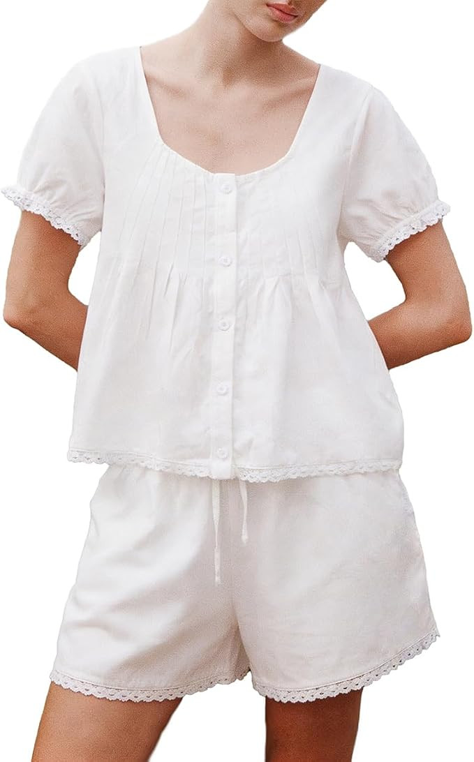 Womens Summer 2 Piece Sets Fashion Button Down Puff Sleeve Lace Trim Pintuck Top and Shorts Cotto... | Amazon (US)