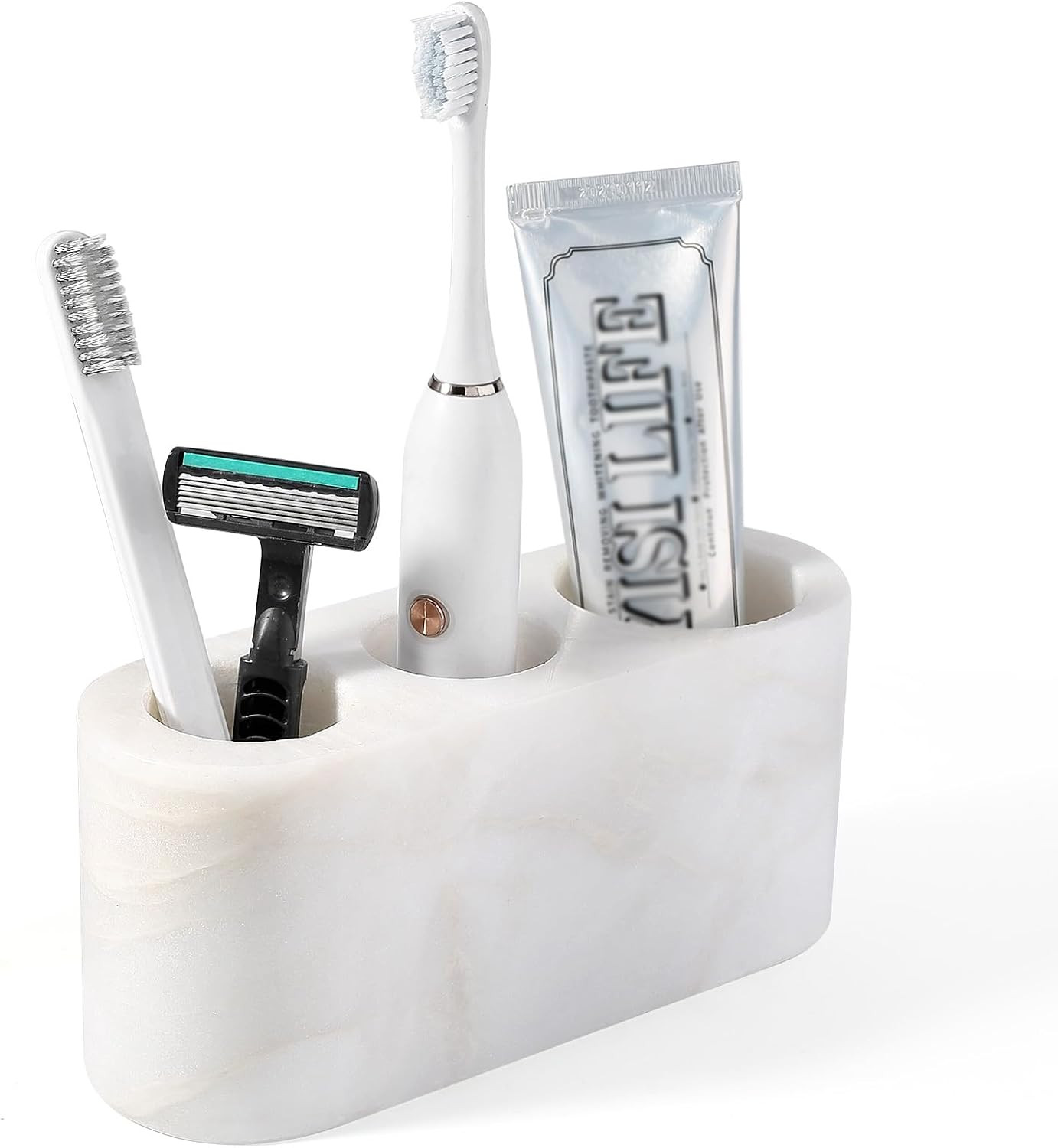BCS Toothbrush Holder for Bathrooms, 3 Slots Marble Toothbrush Organizer, Makeup Brush Stand Toothbrush Storage Collection for Bathroom Countertop Vanity Organization - White | Amazon (US)