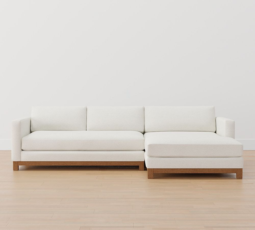 Jake Upholstered Sofa Chaise Sectional with Brindle Wood Base | Pottery Barn (US)