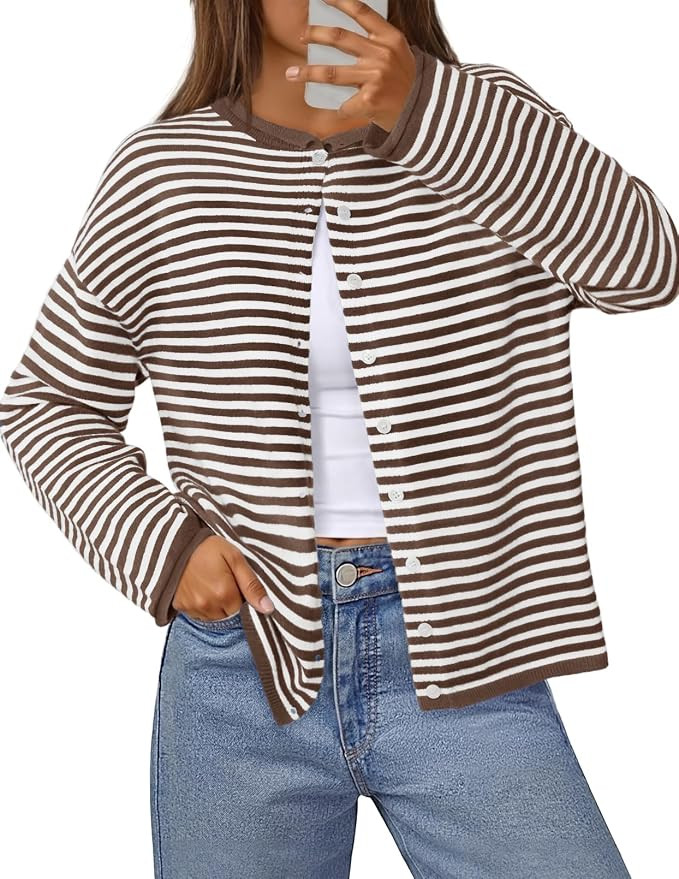 MEROKEETY Womens Striped Button Up Cardigan Sweaters Long Sleeve Sweater | Crew Neck, Ribbed Hem,... | Amazon (US)