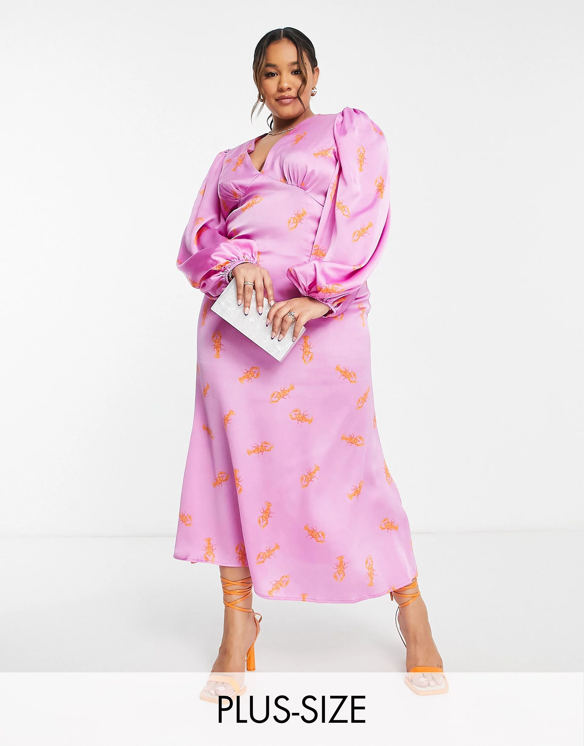 Never Fully Dressed Plus exclusive balloon sleeve maxi dress in orange lobster print | ASOS (Global)