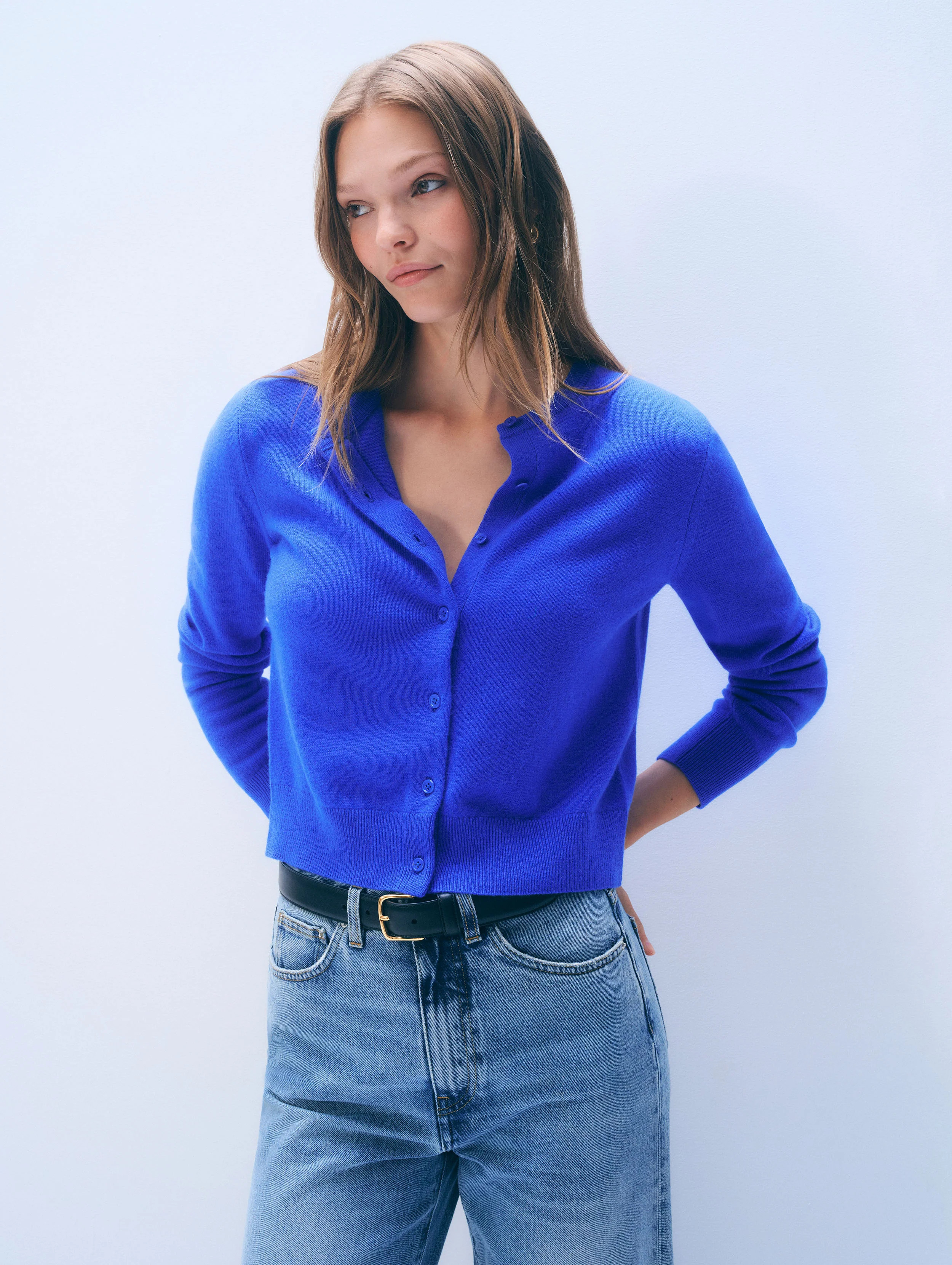 White & Warren Cashmere Crewneck Cardigan Sweater in Cobalt Blue | White and Warren