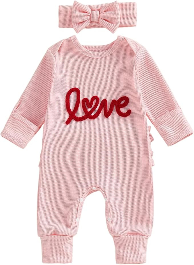 Newborn Baby Girl Valentines Outfit Cute Love Romper Waffle Long Sleeve Ruffle Jumpsuit Infant Gi... | Amazon (US)