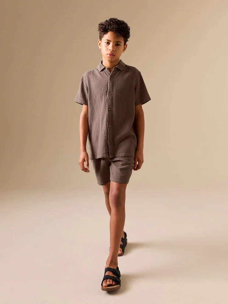 Chocolate Brown Short Sleeve Double Cloth Textured Shirt and Shorts Set (3-16yrs) | Next US