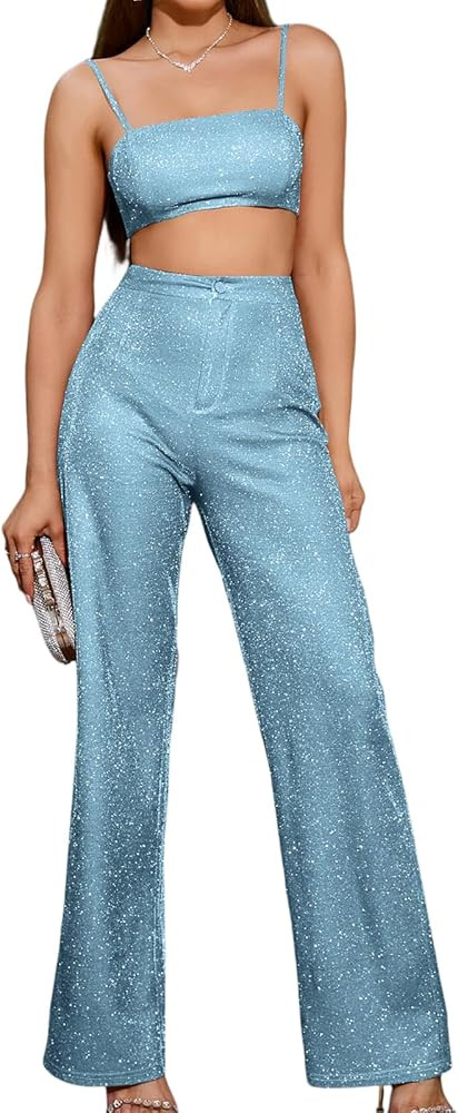 Colysmo Women's Two Piece Outfit Sparkle Sequin Sleeveless Cami Crop Top Bling Glitter High Waist... | Amazon (US)