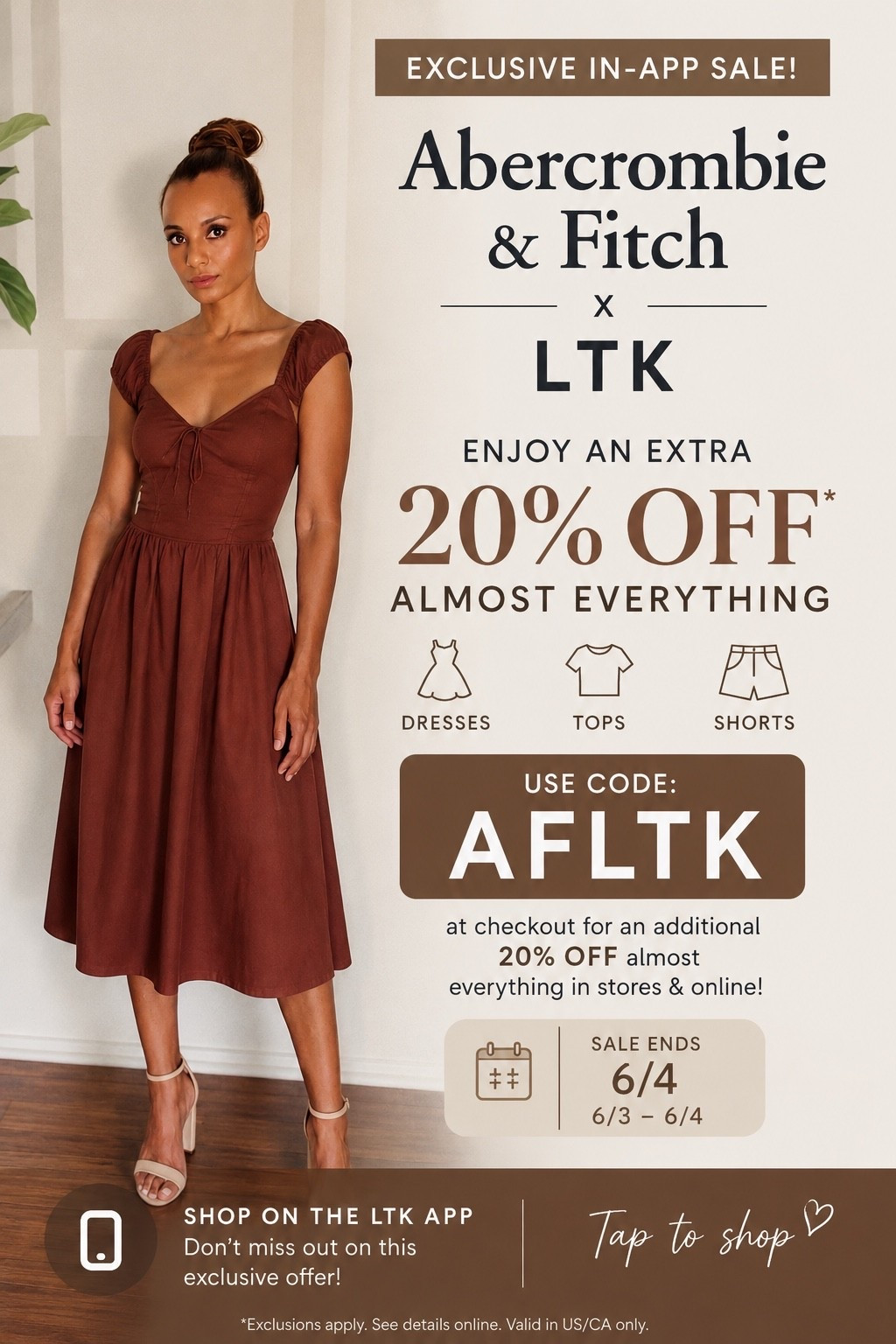🚨 Abercrombie Sale Alert! 🚨

If you’ve been eyeing those Abercrombie dresses, linen sets, denim shorts, and summer essentials, now is the time to shop!

✨ Get an EXTRA 20% OFF almost everything
🛍️ Use code: AFLTK
📅 Sale ends 6/4

I’m sharing my favorite Abercrombie finds that are perfect for summer vacations, weekend brunches, date nights, and everyday chic style. The brown midi dress I’m wearing is one of my current favorites—flattering, feminine, and easy to dress up or down.

Don’t wait—this exclusive offer is only available for a limited time!

#Abercrombie #LTKSale #AbercrombieStyle #SummerStyle #Over40Style #FashionOver40 #LTKCreator #LTKFashion #MidiDress #VacationStyle #MomStyle #EverydayChic

#LTKxAbercrombie #LTKSaleAlert