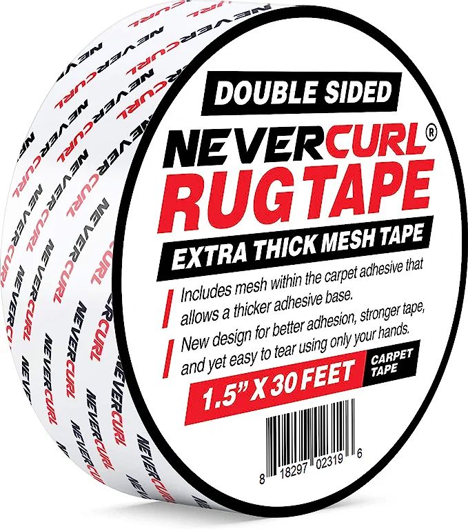 NeverCurl Double Sided Extra Thick Rug Tape with Mesh Fabric - 1.5" by 30 Feet Roll - Anti Slip N... | Amazon (US)