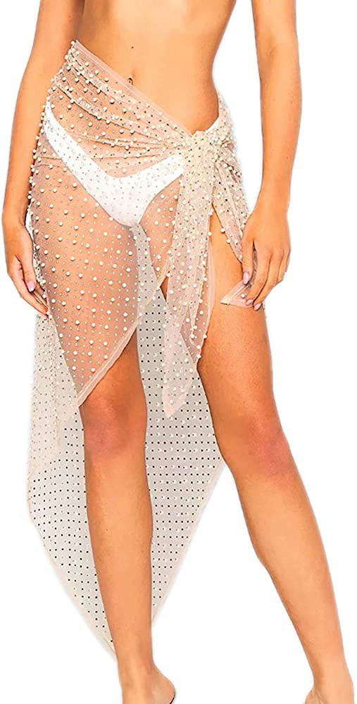 BOLLEY JOSS Sexy Women's Pearl Rhinestone Sheer Mesh Cover Up Dress Beach Swimwear Bikini Coverup... | Amazon (US)