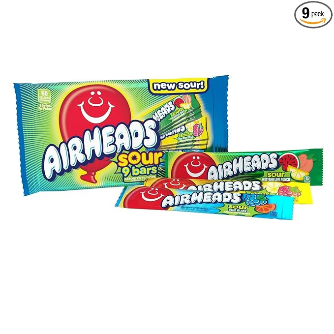 Airheads SOUR Candy Bars, Sour Watermelon Punch, Blue Blast, Lemon Berry Squeeze, 9 Bar Movie The... | Amazon (US)