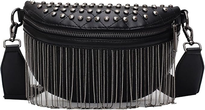Women Girls Leather Fanny Pack Glitter Rhinestone Tassel Crossbody Shoulder Bag Rivet Chest Bag F... | Amazon (US)