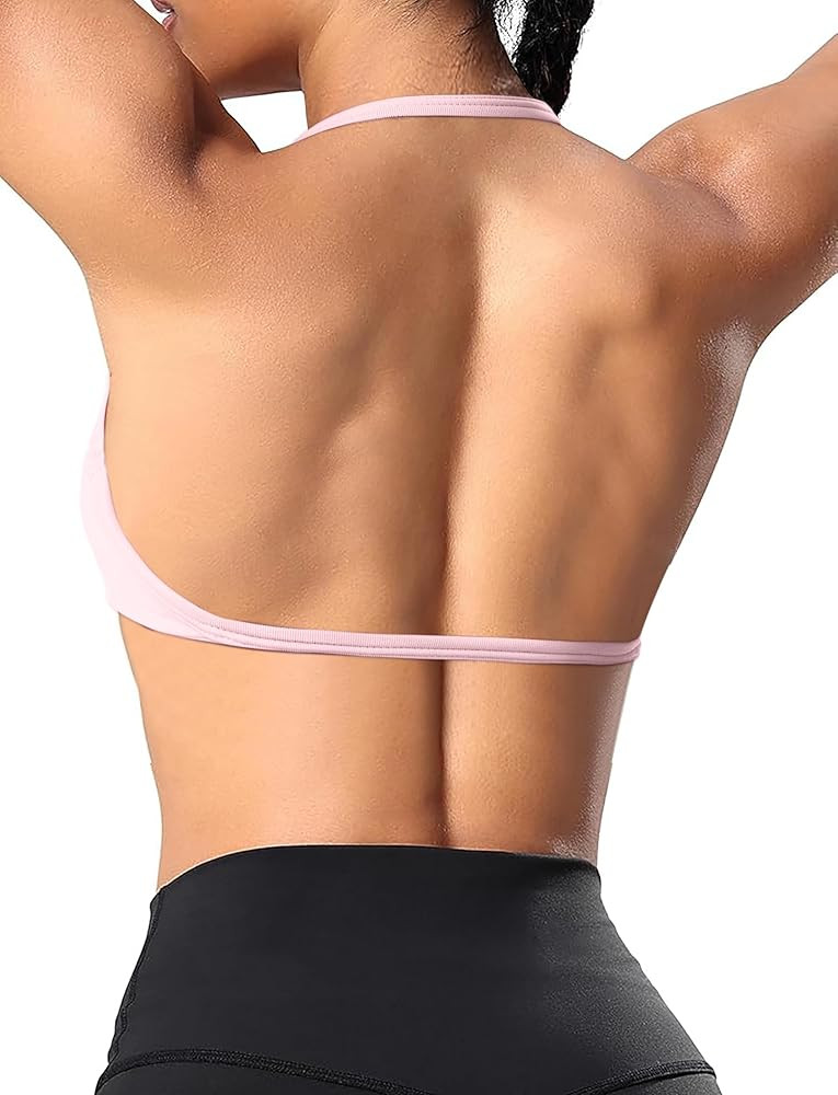 OMKAGI Halter Sports Bras for Women Padded Strappy Bra Open Back Workout Gym Crop | Amazon (US)