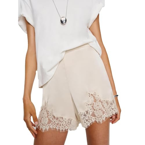 Women's Satin Lace Shorts Y2k Silky Elastic Waist Flowy Mini Shorts Coquette Going Out Slip Bottoms Loungewear (White Lace, S) | Amazon (US)