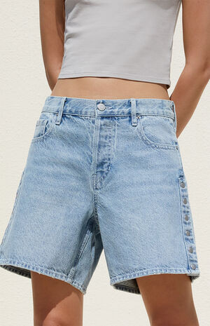 PacSun Light Indigo Snap Button High Waisted Relaxed Denim Shorts | PacSun