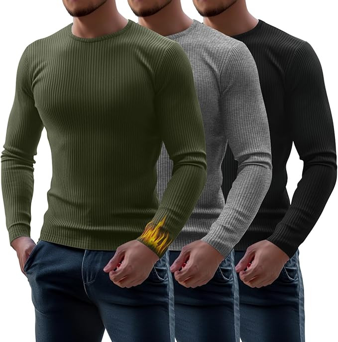 Riyiper 3 Pack Men's Ribbed Thermal Shirts Crew Neck Long Sleeve Tops Winter Stretchy Slim Basic ... | Amazon (US)